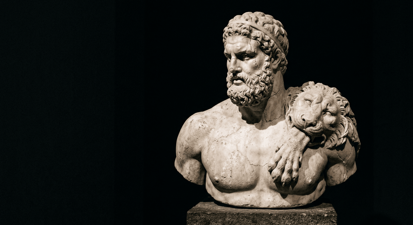 Marble bust of Herakles with the lion pelt over his shoulder, lit from one side against darkness